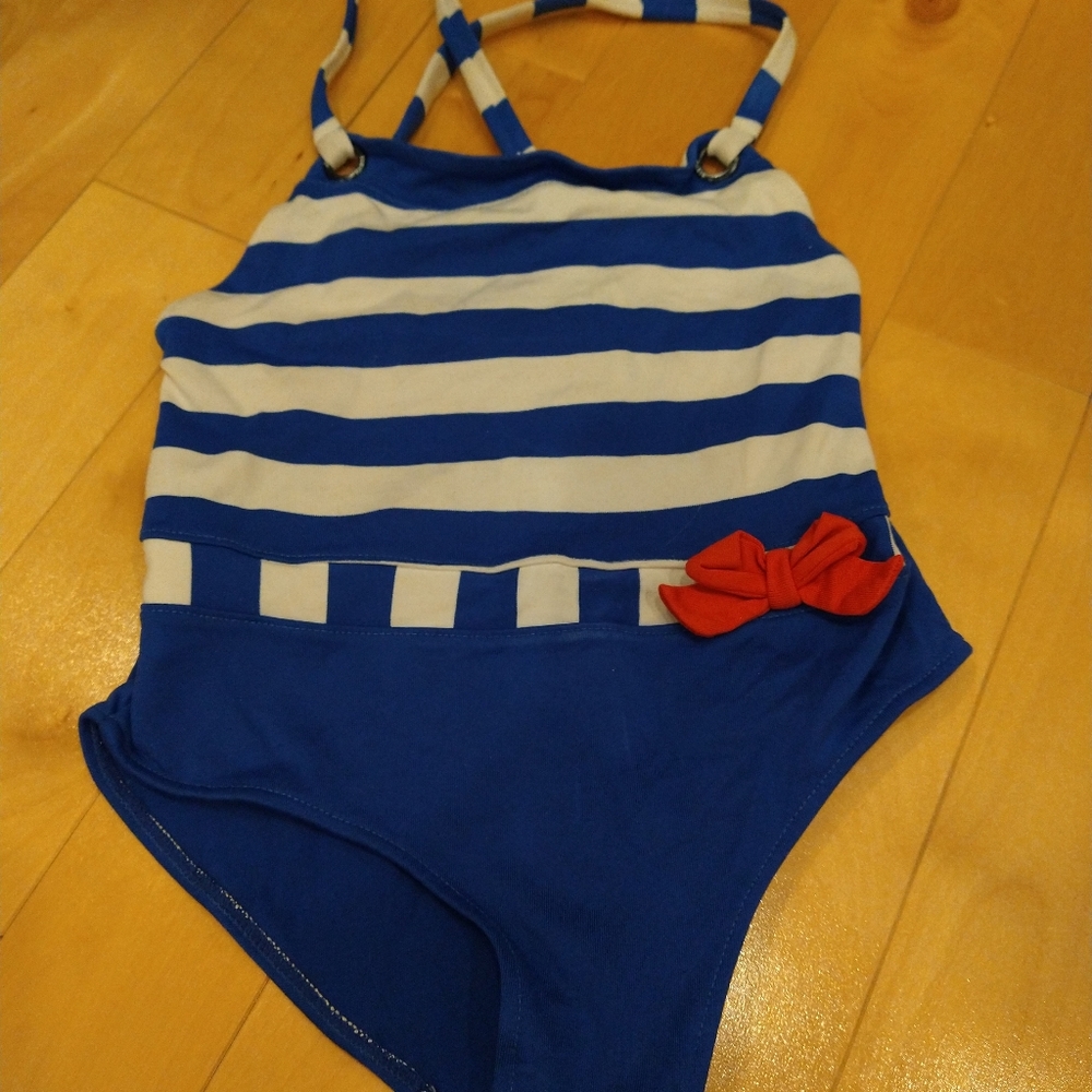Maillot Jacadi 6A Swimsuit blue and white stripe red bow very good condition
